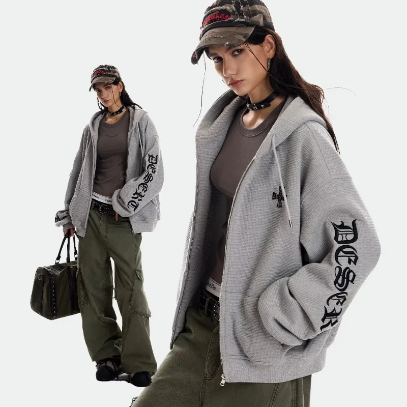 Letter Embroidery Hoodie Streetwear Women Oversized Loose Hoodies Kpop Casual Streetwear Zip Up Sweatshirts Men Harajuku Y2K Top