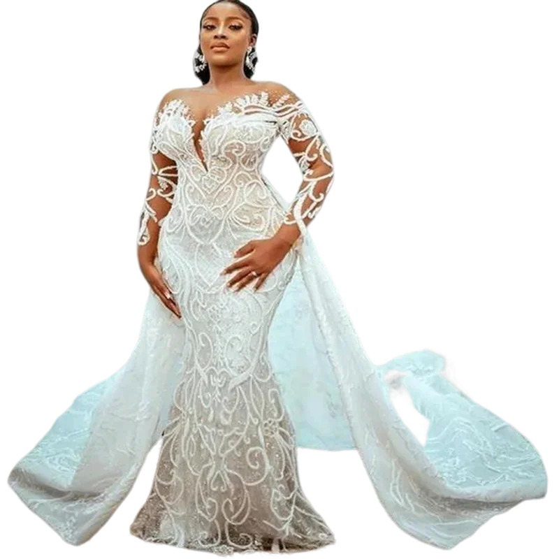 

Customized Popular Plus Size Mermaid 2023 Wedding Dresses Detachable Train Beaded Lace Appliqued African Aso Ebi Bridal Gown Rob