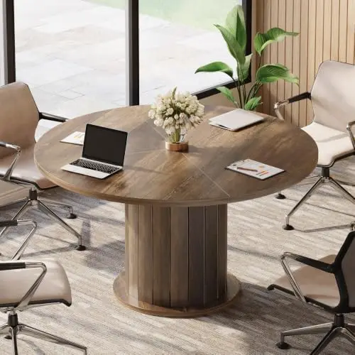 47-Inch Round Conference Table with Sturdy Pedestal for 4-6 | Rustic Meeting Table with Thick Tabletop, Circular Office
