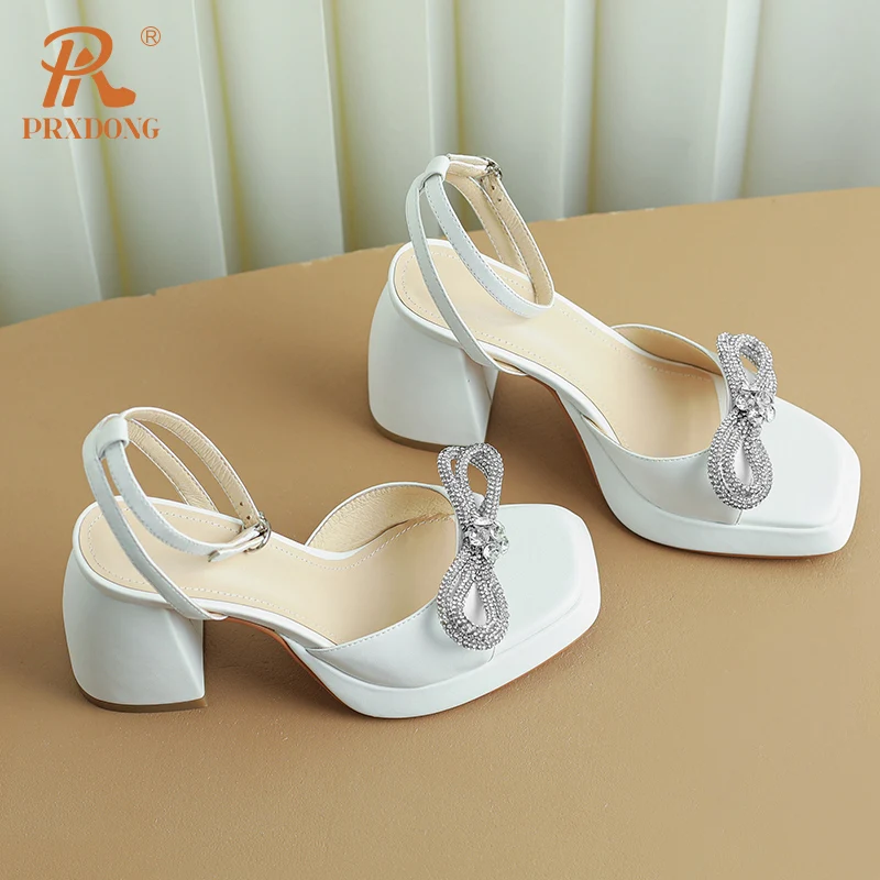 Women\'s 2023 New Summer Genuine Leather Chunky High Heels Platform Silver White Sweet Butterfly-knot Dress Wedding Sandals Shoes