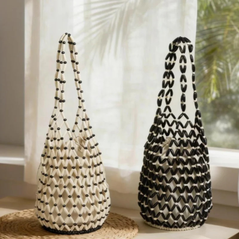 

Hollow-out Beaded Woven Women's Fashion Designer Beach Bag Luxury Shoulder Bag Brand Handbag Casual Versatile Travel Tote Bag