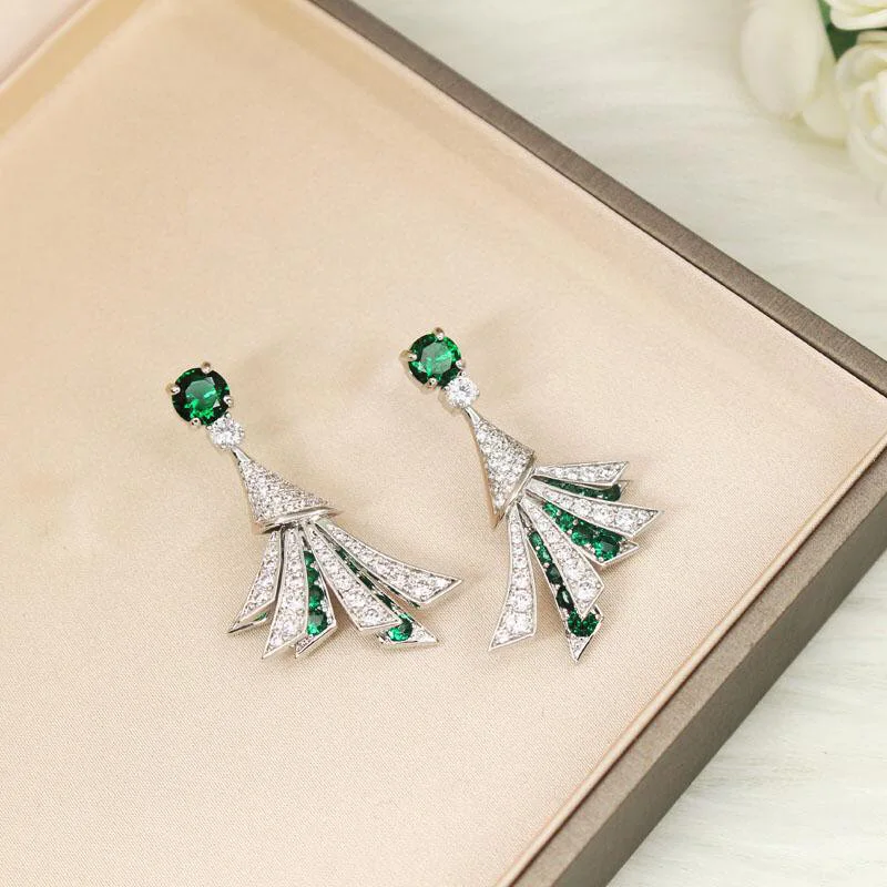 

Designer Collection Fashion Style Women Lady Settings Green Cubic Zircon Fan-Shaped 925 Silver Needle Dangle Stud Earrings