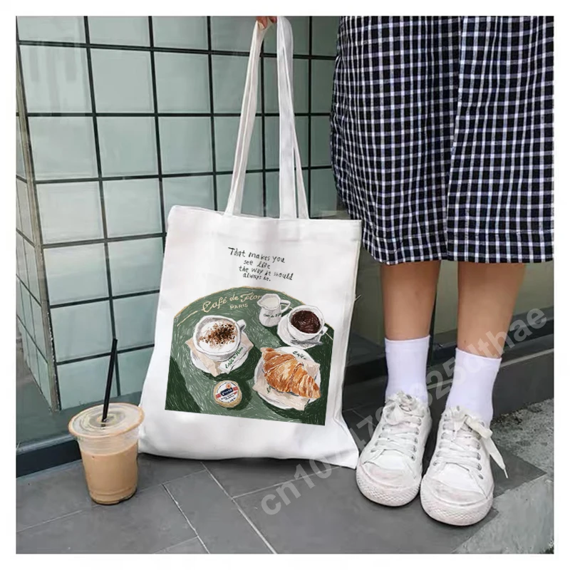 Coffee Cake Food Print Shoulder Bags Shopping Bag for Women\'s Large Capacity Handbag Eco Reusable Travel Storage Tote Girls Gift