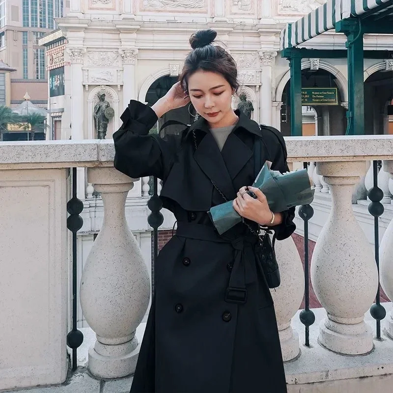 Black Khaki Women's Trench Coat 2025 Spring Autumn New Temperament Lapel Long Overcoat Female With belt Casual Windbreaker Coats