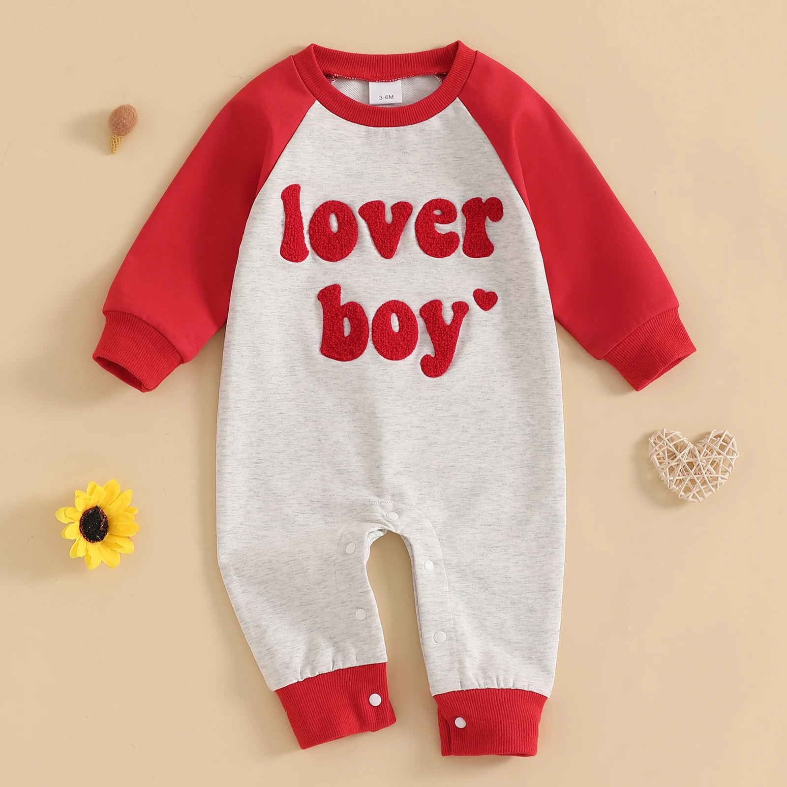 

Baby Boy Autumn Romper Valentine Day Clothes Letter Embroidery Contrast Color Long Sleeve O Neck Jumpsuit for Toddlers Infant