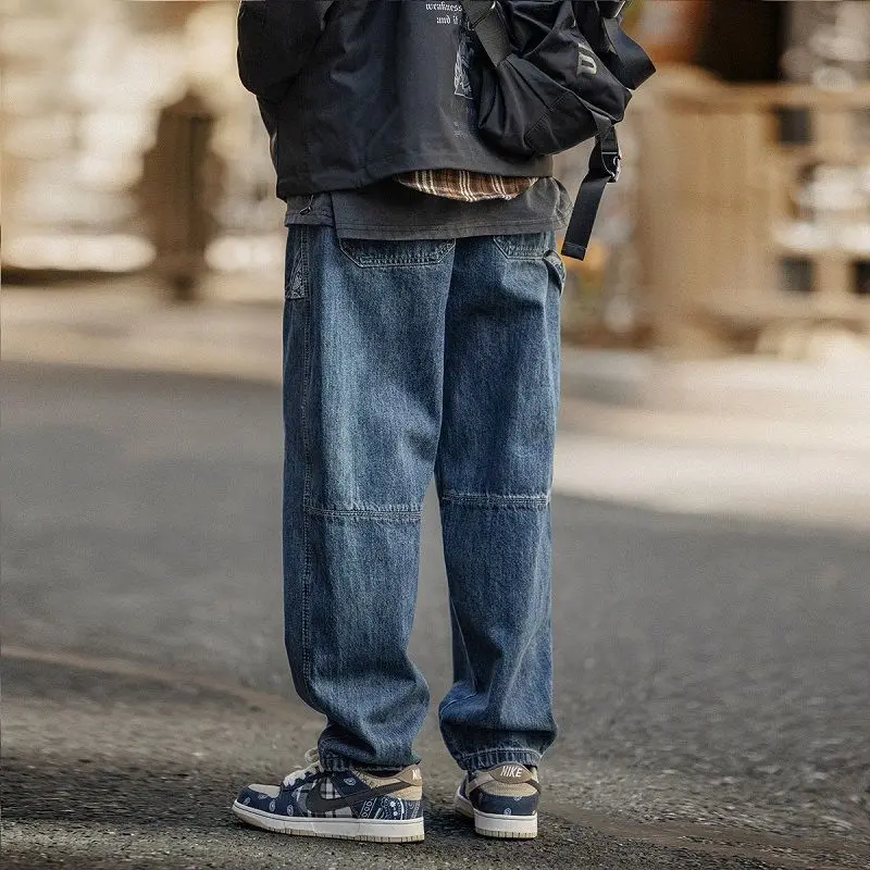 Spring Vintage Jeans Men's Loose Cashew Blossom Stitching Blue Straight Casual Overalls Hip Hop Street Fashion Jeans