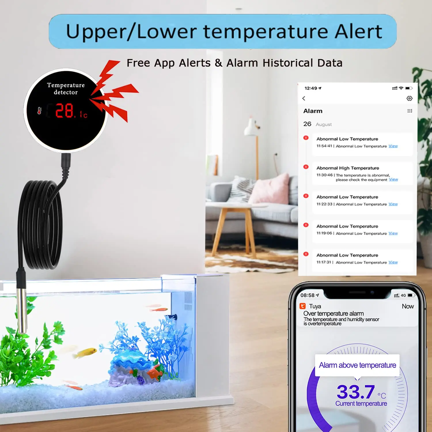 Temperature Detector WiFi Thermometer Temperature Controller Overtemperature Alarm ,APP Push,1M/3M Probe Digital LCD Screen