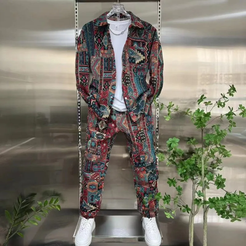 

Spring New Korean Casual Shirt Jacket Men's Colored Jacquard Lapel Jacket Set