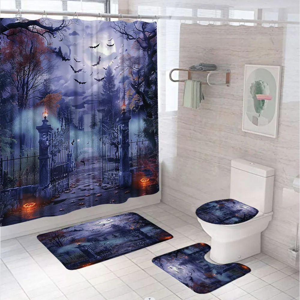 4Pcs Shower Curtain Set with Rug Halloween Castle of Terror Bat Pumpkin Non-Slip Soft Toilet Cover Bathroom Decor Rug Bath Mats