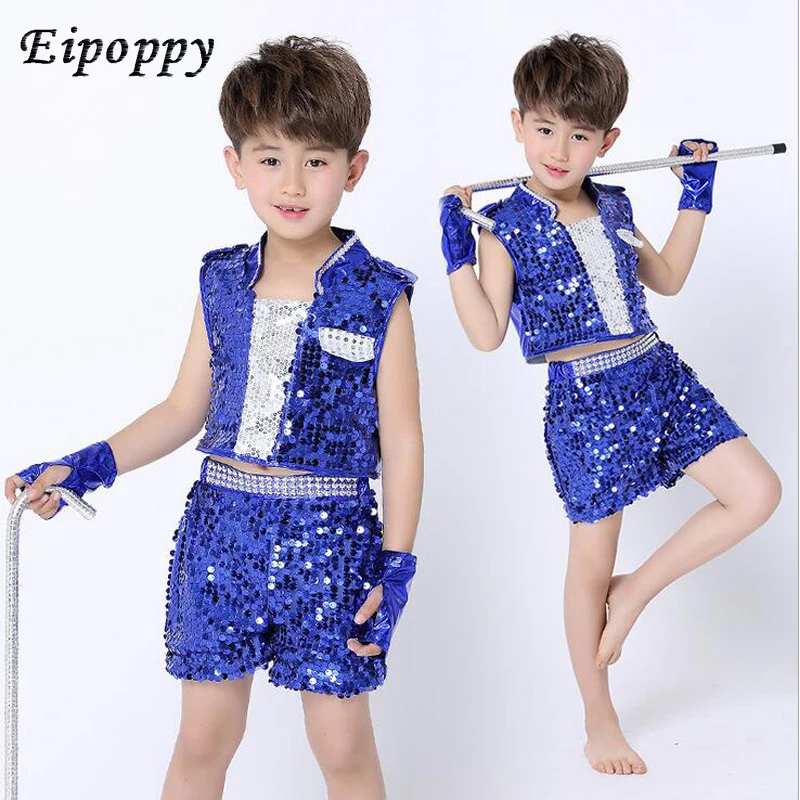 Boy Girl Blue Modern Dance Clothing Costume Children Children Ballroom Game Jazz Hip Hop Dancing Pants + Blouse