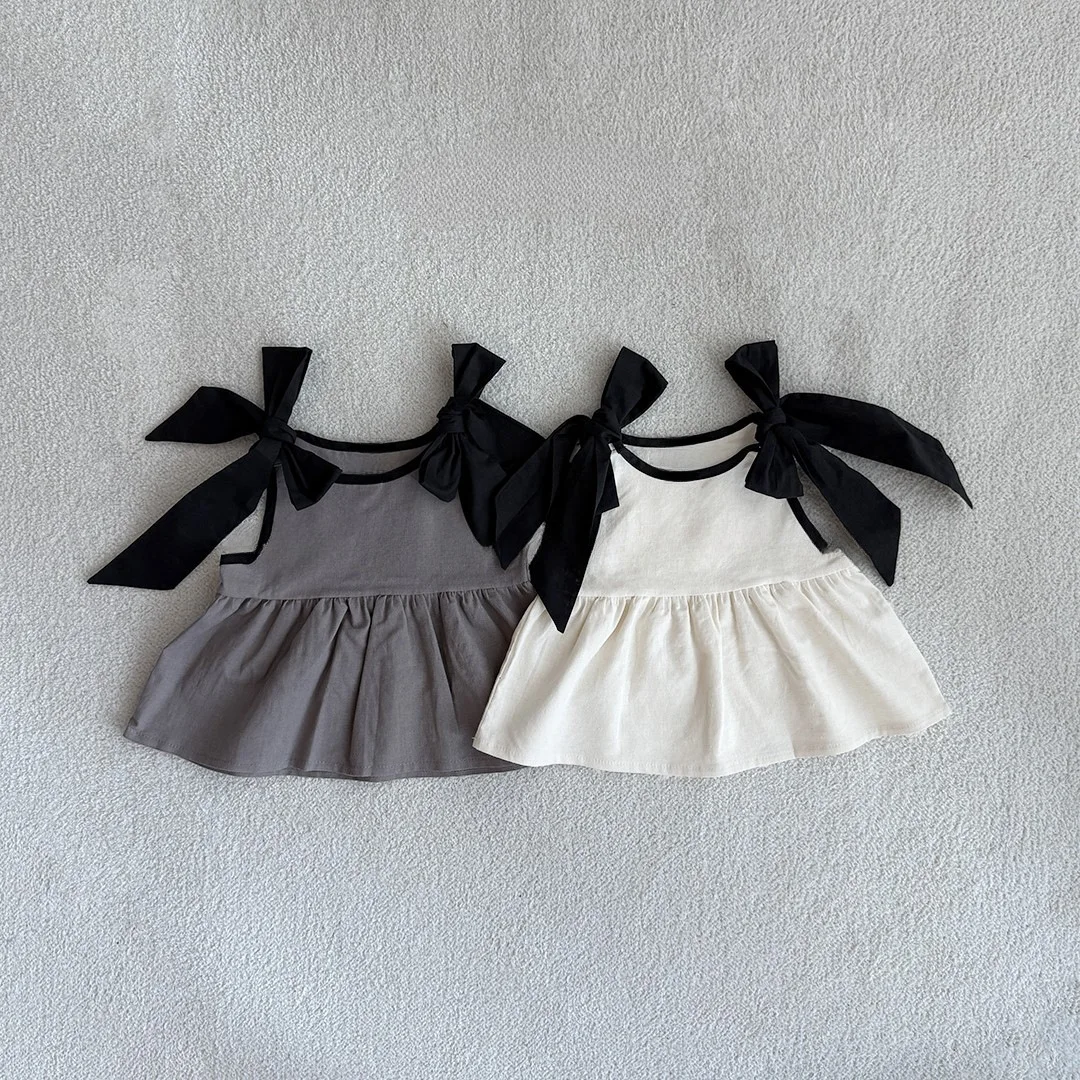 

2025 Summer New Baby Girl Sleeveless Shirts Cute Girls Bow Sling Tops Sweet Kids Cotton Blouse Fashion Children Clothes