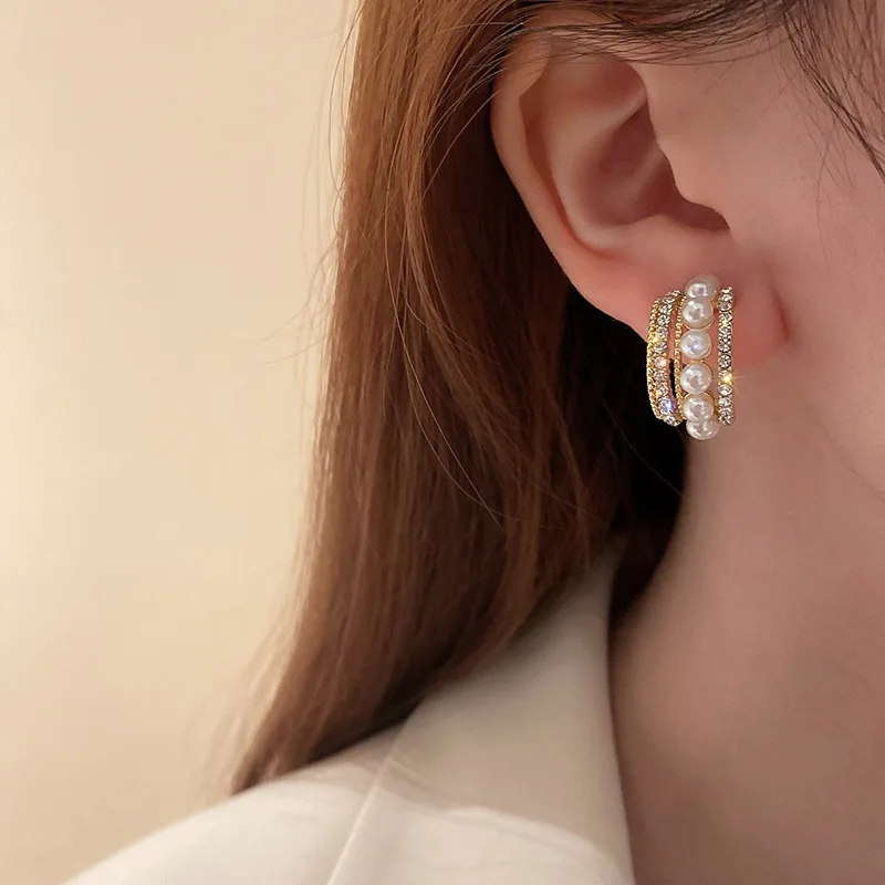 Multi-layer C-shaped Arc Imitation Pearl Dripping Zircon Twisted Hollow Stud Earrings for Women Versatile Hoop Fashion Jewelry image 4