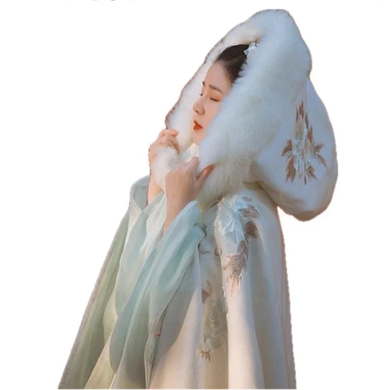 

Women Girls Long White Embroidered Tweed Hooded Cape Cloak Coat Winter Warm Cloak Coat Floral Embroidery White Hanfu Cloak Women