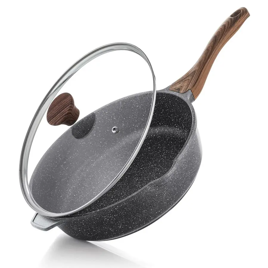 

Nonstick Deep Frying Pan Skillet, 12inch Saute Pan with Lid, Staycool Handle, Chef Pan Healthy Stone Cookware Cooking Pan, Induc
