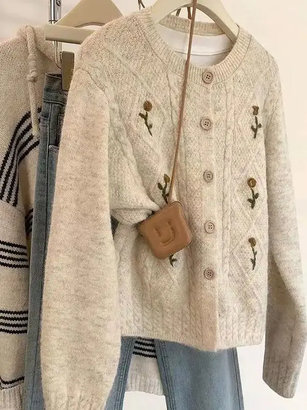 

Korean Sle Embroidered Knitwear Outerwear Women's Spring Autumn New round Ne Long Sve Knitted Open Cardigan Thiened