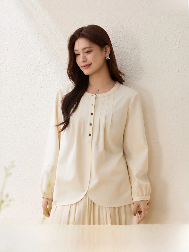 

Стильная модная универсальная блузка с круглым вырезом больших размеров для женщин, нежный весенний новый фасон в корейском стиле, приталенная, с длинным рукавом