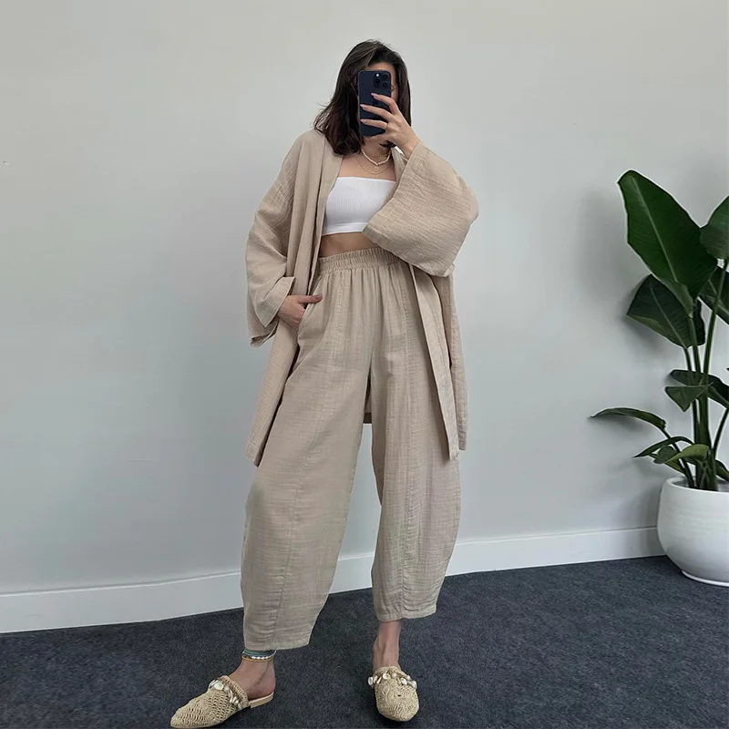 Solid Drape Loose Casual Suit  Women Pajamas Fashion Kimono Long-Sleeved High Waist Trousers 2 Pcs Sleepwear Female Home Suit