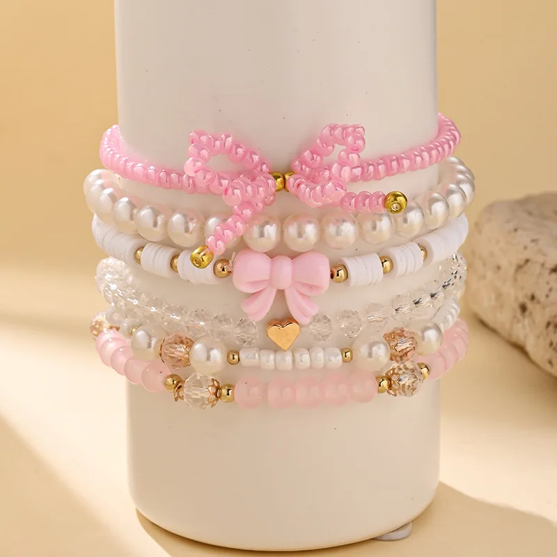 

Sweet Pink Love Bow Pearl Beaded Bracelet