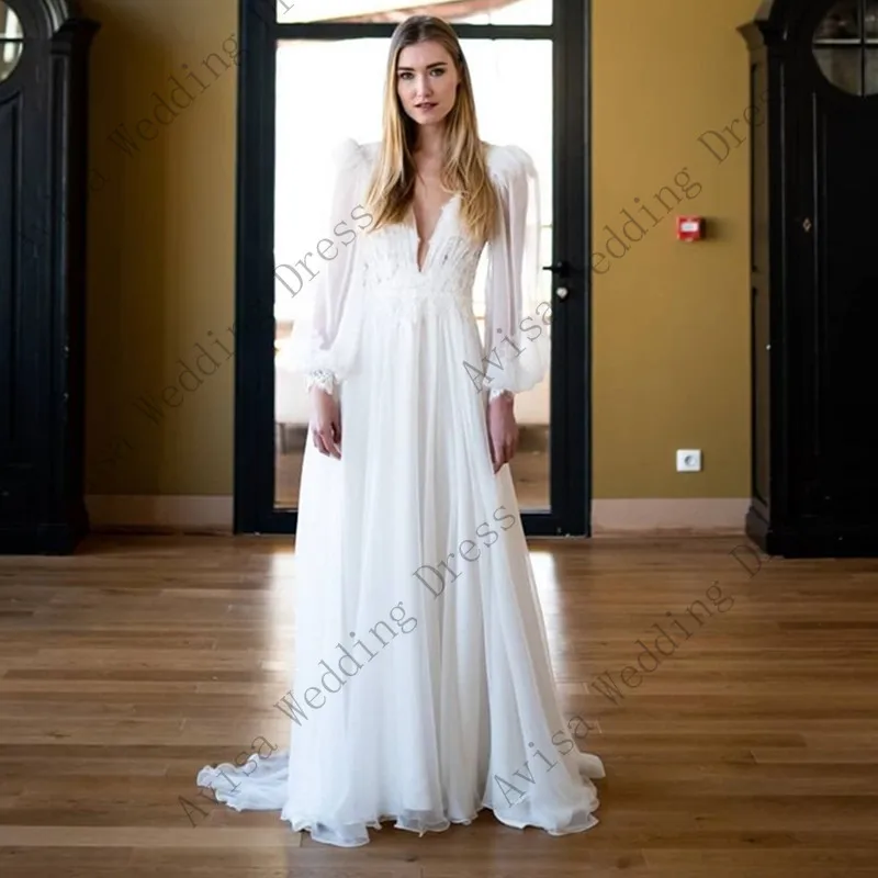 

Boho Elegant V-Neck Wedding Dress Sweep Train Lace Appliques Button Long Sleeve Tulle Bride Robe De Mariée vestido de noiva