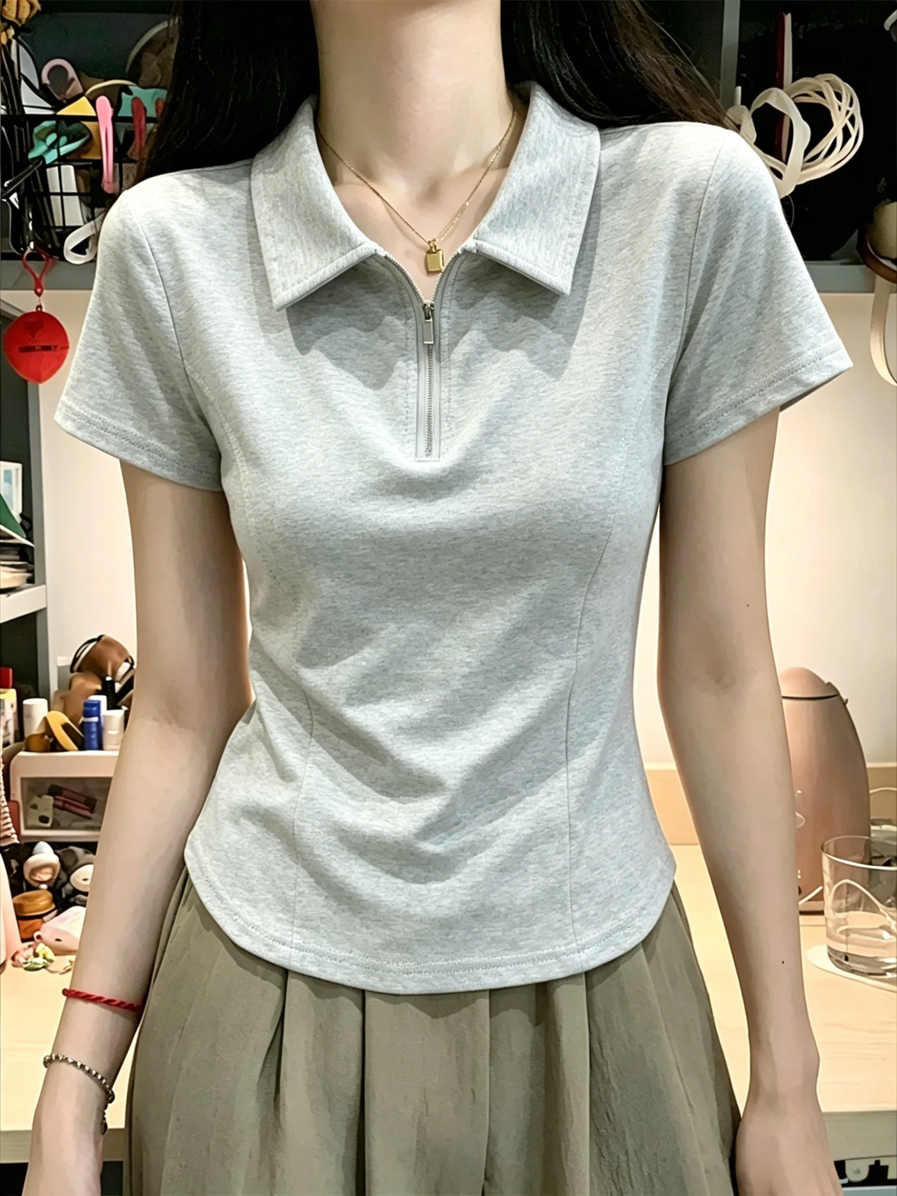 Summer 2026 plus Size  Neck Zipper Short Sleeve T-Shirt 95 Cotton Shoulder Width Regular Fit Women's Casual Wear