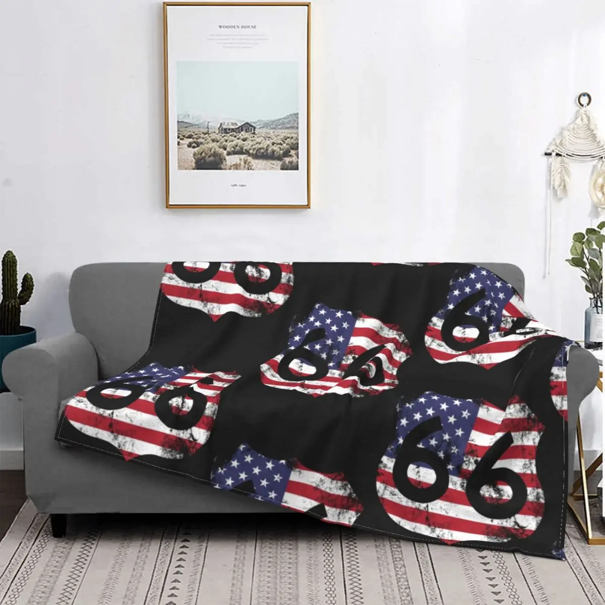 American Flag Route 66 Fleece Throw Blankets Vintage Distressed Look Blankets for Bed Bedroom Super Soft Bedding Throws