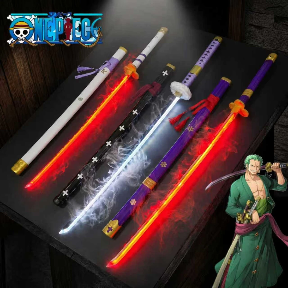 

39.3inch 100cm One Piece Zoro Light Up Smoke Effect Wooden Replica Cosplay Prop Anime Inspired Non Sharpened Collectible Toy