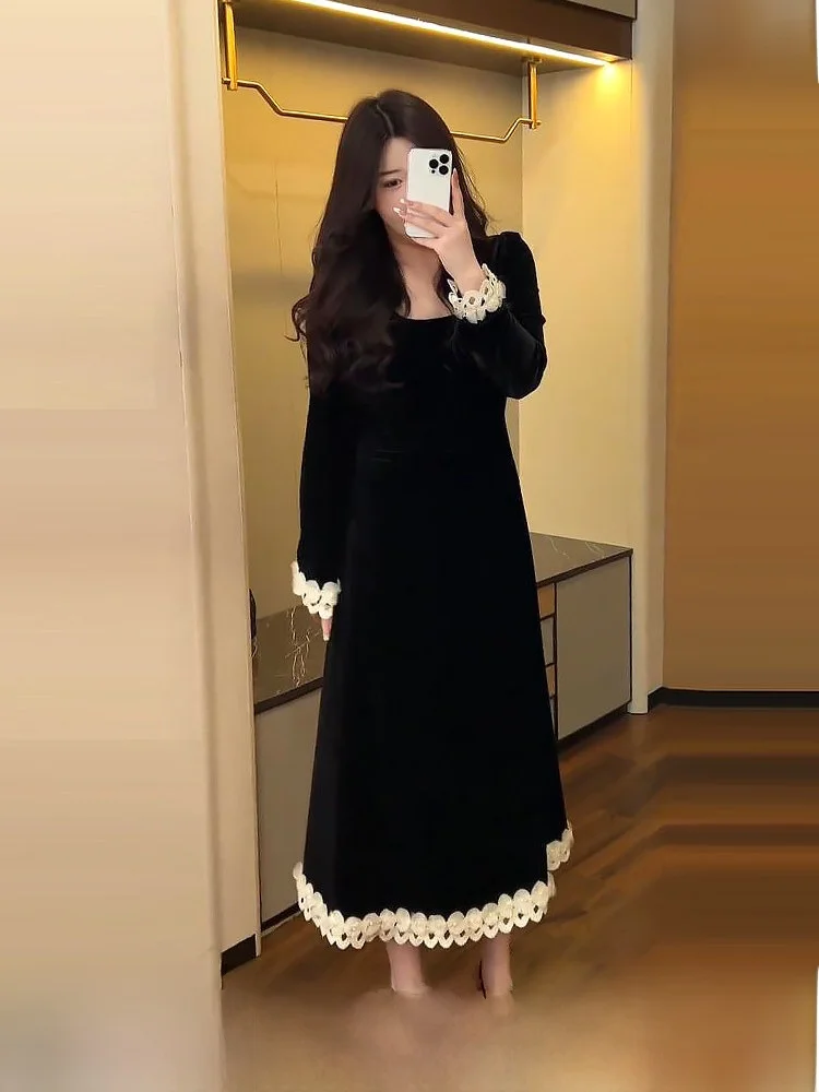 

Ретро-платье из бархата с жемчужным кружевом, больших размеров, женское, модное, стройнящее, длинное, осенне-зимнее, с завышенной талией, А-силуэт, для офиса/повседневной носки