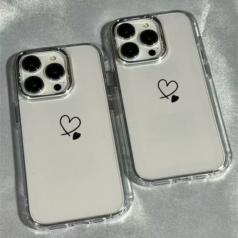 Einfache Handyhülle mit schwarzem Herzmuster und transparenter galvanisierter Linse für iPhone 18 17 16 15 Pro Max 14 13 12 11 XS XR 7 8.