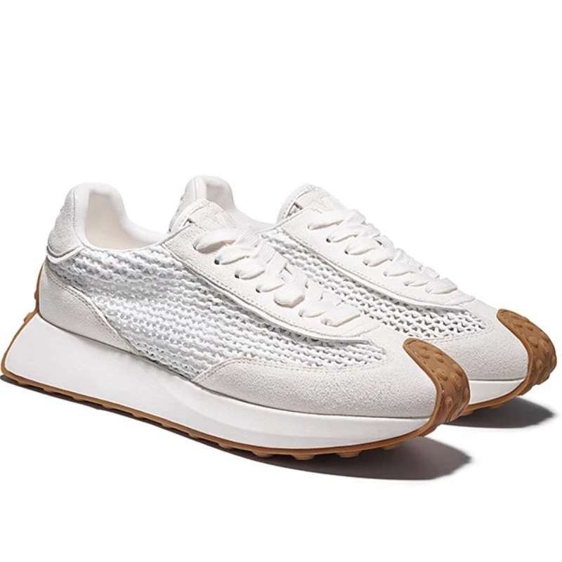 

Мужская повседневная спортивная обувь из натуральной кожи, дышащие летние кроссовки из тканой меховой сетки, удобные кроссовки на толстой подошве