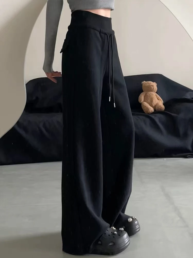 

Черные спортивные штаны для женщин, осенние свободные широкие брюки с высокой талией и шнурком Y2K, модная уличная одежда, универсальные брюки для бега