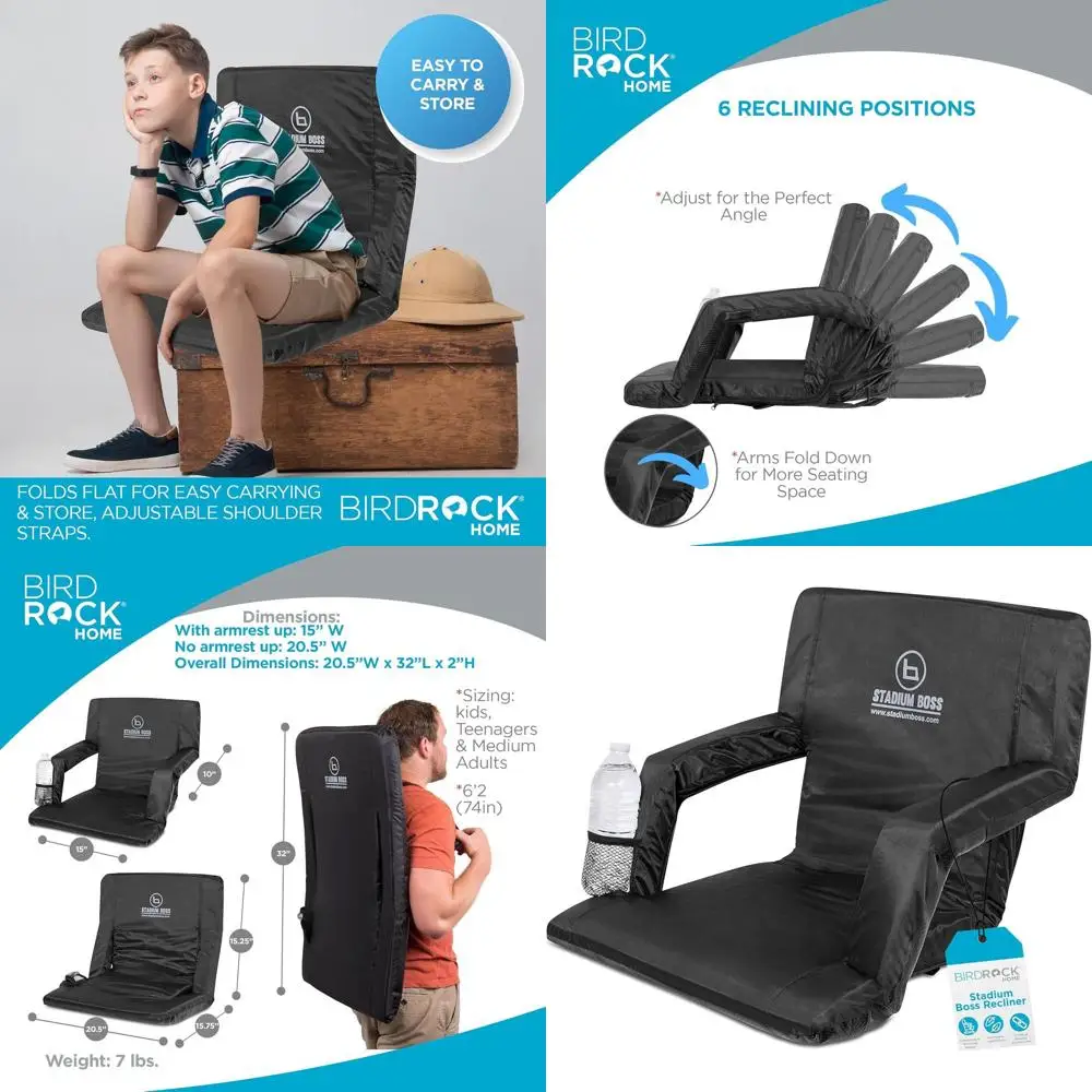 

Портативное мягкое кресло-реклайнер с 6 положениями регулировки, с мягкими спинкой и подлокотниками, идеально подходит для стадионов, улицы и пляжей, черное