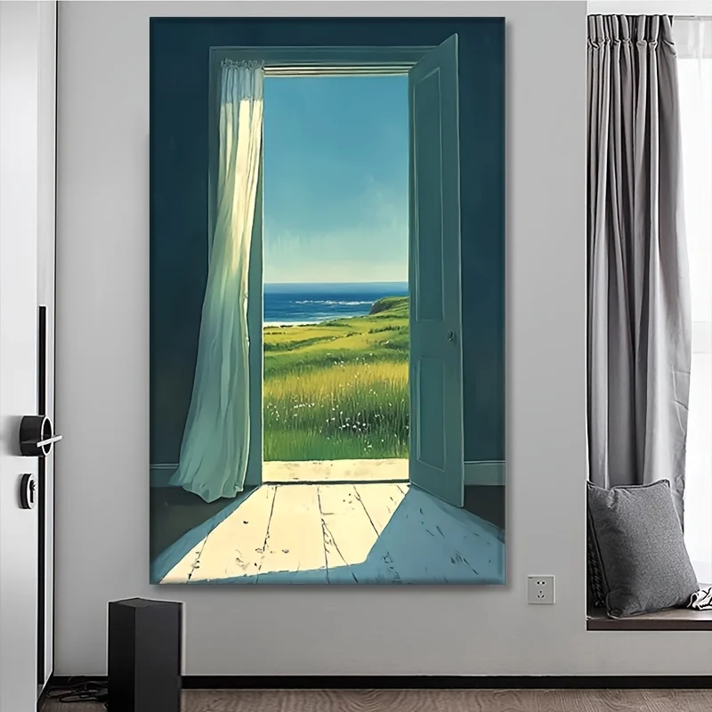 

1pc Frameless Tranquil and Warm Decor Aesthetics,Seascape Wall Art,Green Grass Painting,Seaside Cottage Mural,Natural Decor