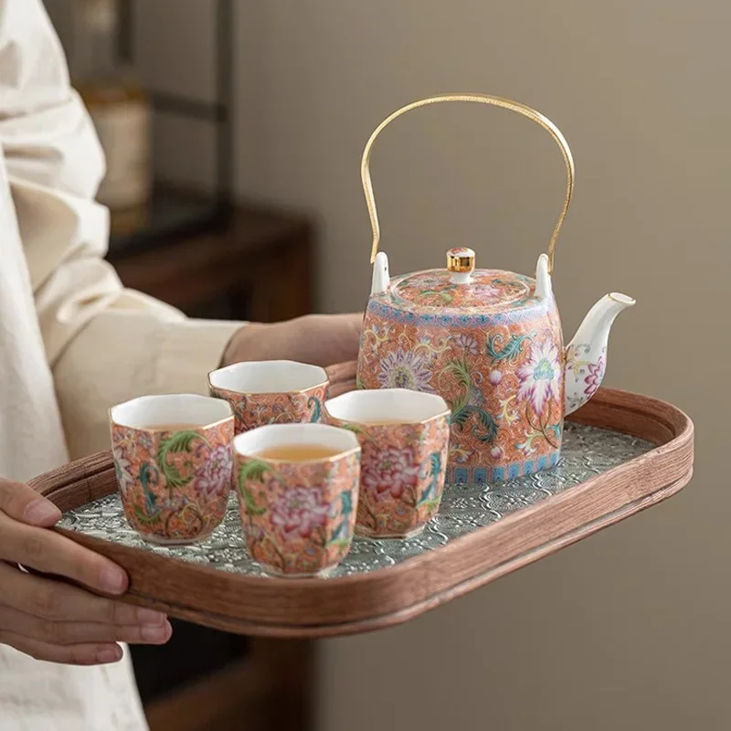 Chinese Handmade Flower Teaset Enamel Kung Fu Tea Set, One Pot Four Cups, Home Office Business Gift Souvenir Gifts Teapot Set