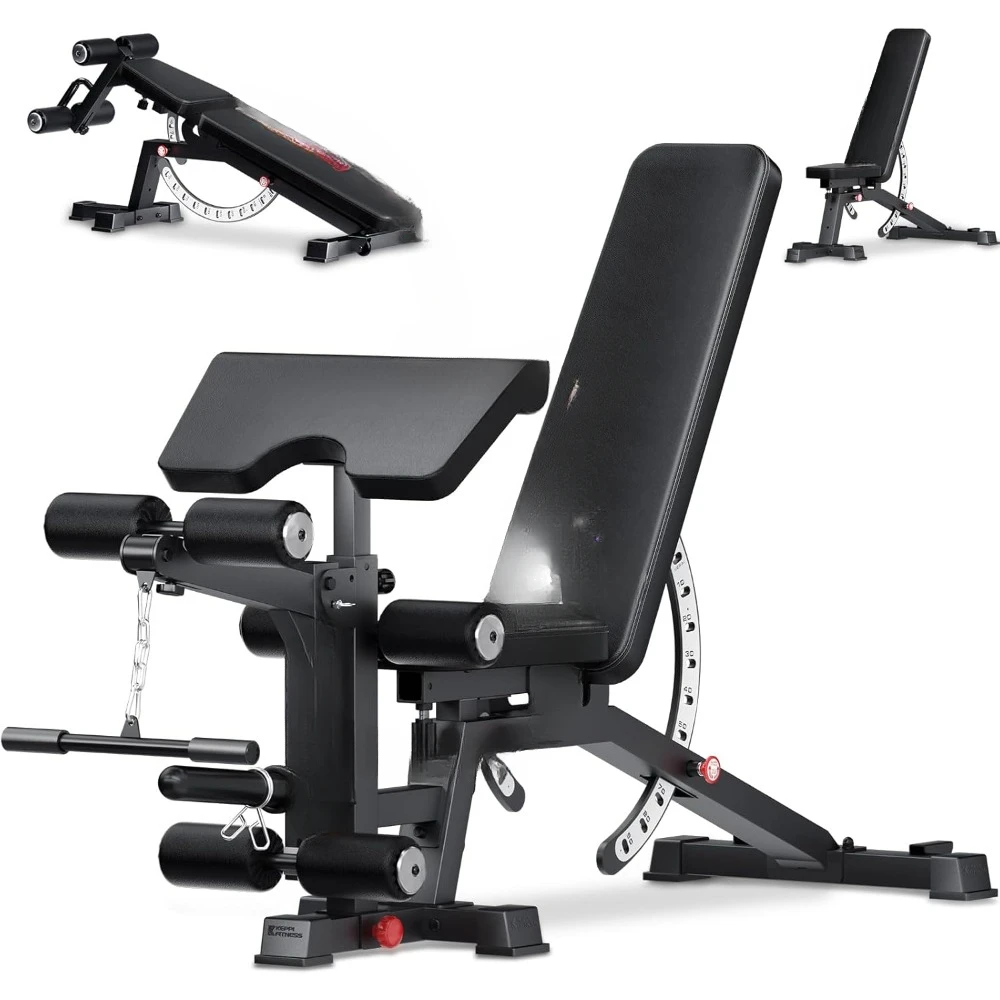 Duty Workout Bench Press with Leg Extension and Preacher Pad for Home Gym Fitness, Flat Incline Decline Sit Up Bench