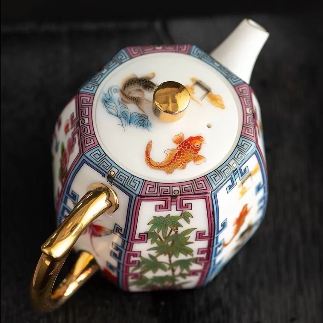 Enamel Colored Teapot Kung Fu Tea Set Tea Maker Chinese White Drawn Gold Teapot New Porcelain Hexagonal Teapot with Filter