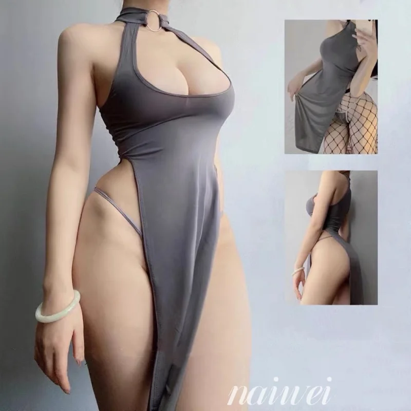 Plus Size Women Sexy Dress Reversible Erotic Halter Bodycon Dress High Waist Slit Skirt Porn Sexy Cosplay Lingerie Hot Clubwear