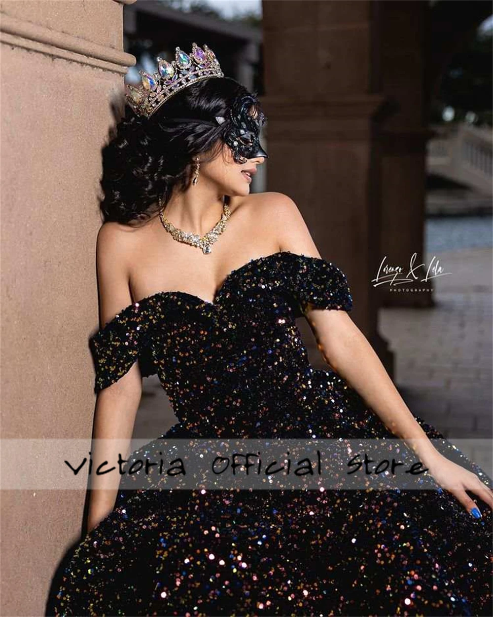 Vestido de baile de quinceañera con lentejuelas negras brillantes, hombros descubiertos, dulce vestido de dieciséis, vestidos de novia, vestido de gala