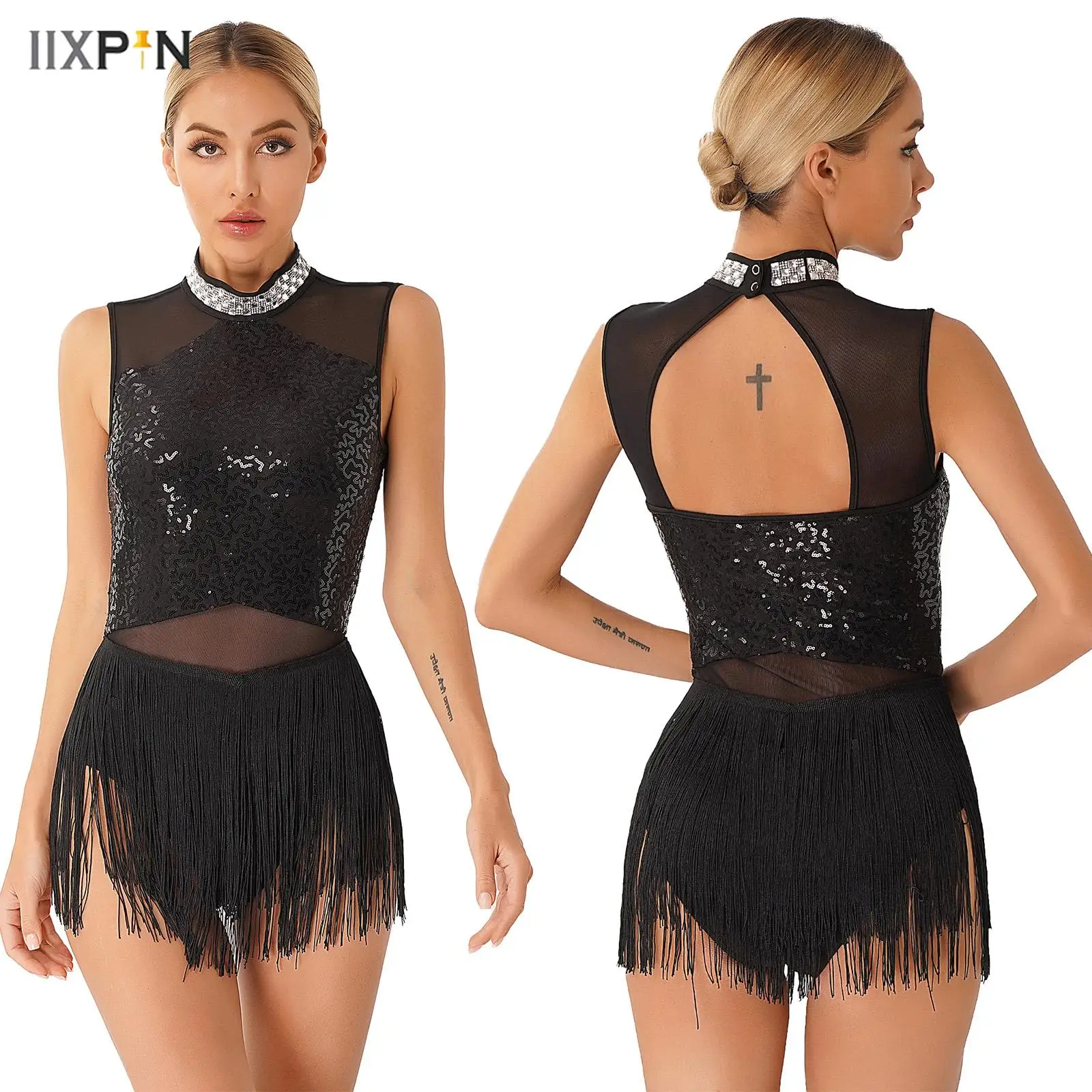 

Latin Dance Dress for Womens Shiny Sequins Rhinestone Fringed Mesh Splice Leotard Dress Cha-Cha Tango Samba Performance Costume