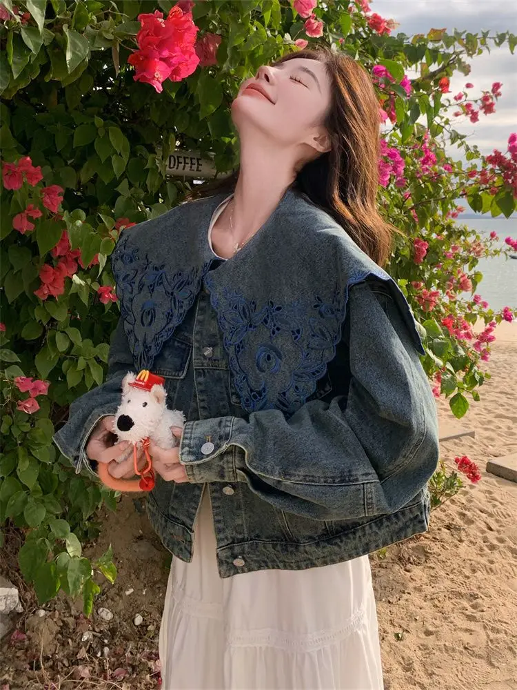 

Women Embroidered Doll Collar Denim Jacket New Spring Autumn Korean style Coat