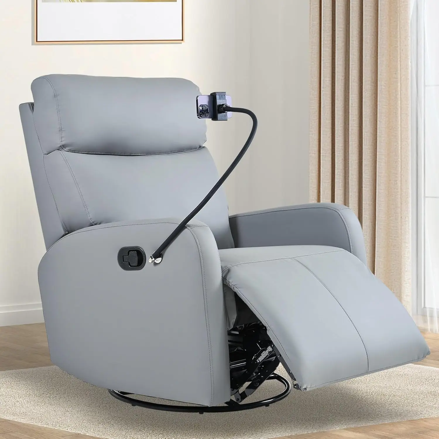 Silla reclinable basculante giratoria para guardería, Sillón tapizado de cuero de 360 °, planeador de aire con soporte para teléfono, reclinadores pequeños manuales
