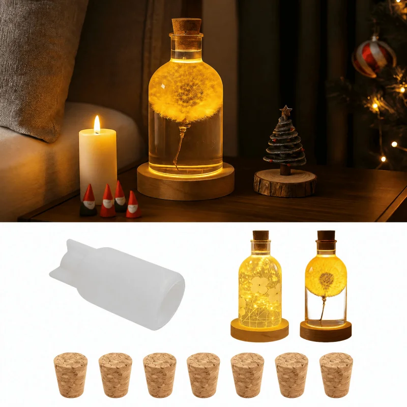 Bottle silicone mold set（Including 1 Silicone molds in the shape of bottles and 8 Wooden stopper），Epoxy resin casting mold，Suita