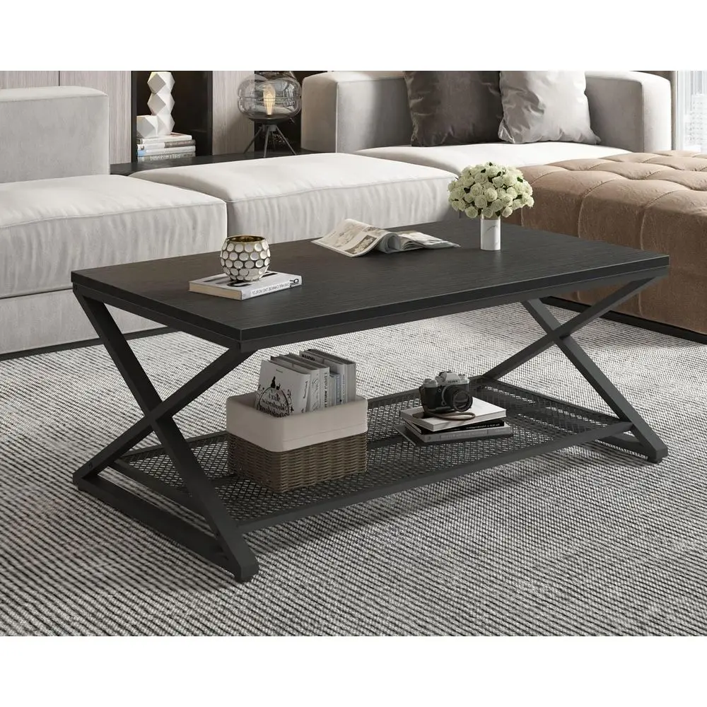 Modern 2-Tier Metal & Wood Coffee Table with Storage, 39 Black Oak Rectangular Center Table for Living Room & Office