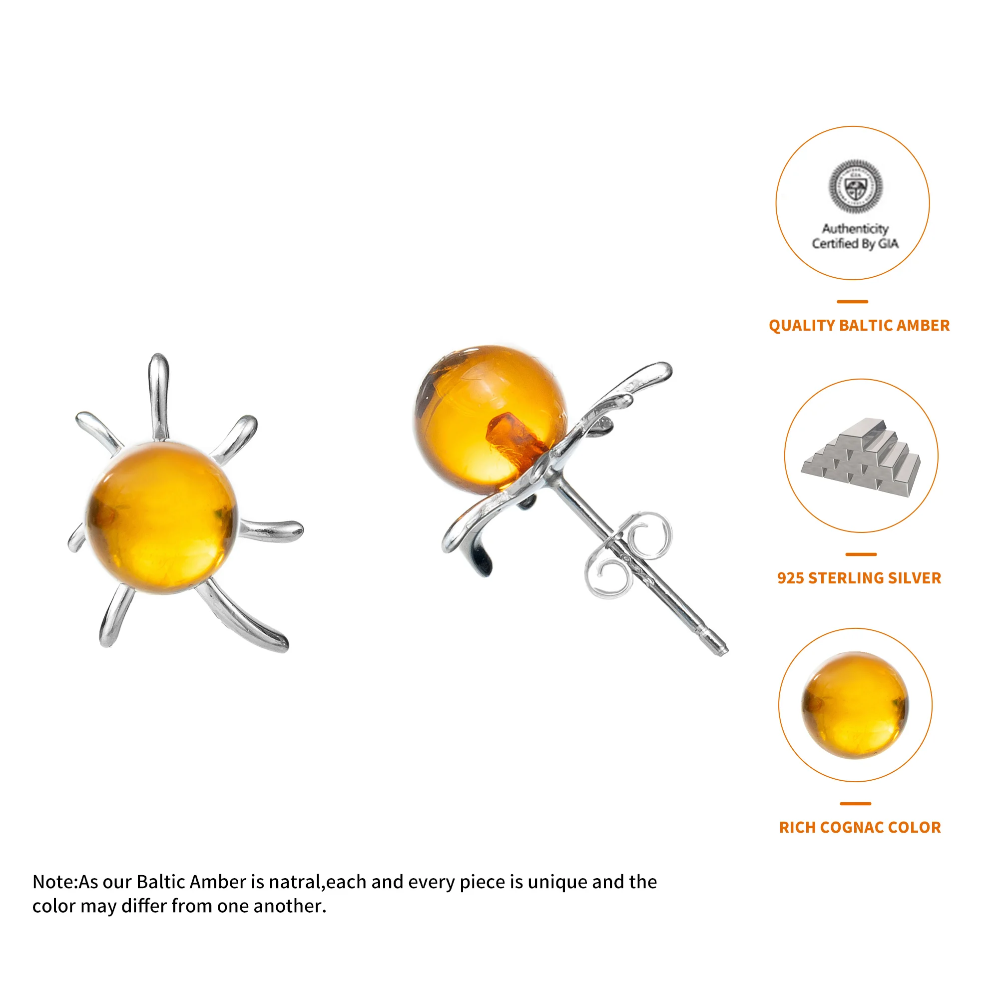 Genuine Baltic Amber Flaming Sun Stud Ball Earrings for Women in 925 Sterling Silver, Rich Cognac Color