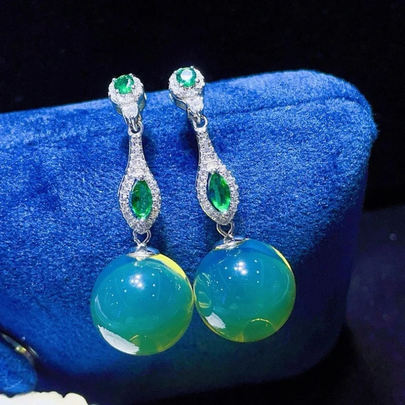 

15mm Mexican Blue Amber Inlaid S925 Silver Stud Earrings