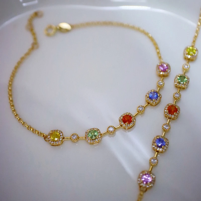 Aazuo Luxury 18K Yellow Gold Natrual Color Sapphire Real Diamonds Rainbow Bracelet For Woman Upscale Trendy Engagement Party