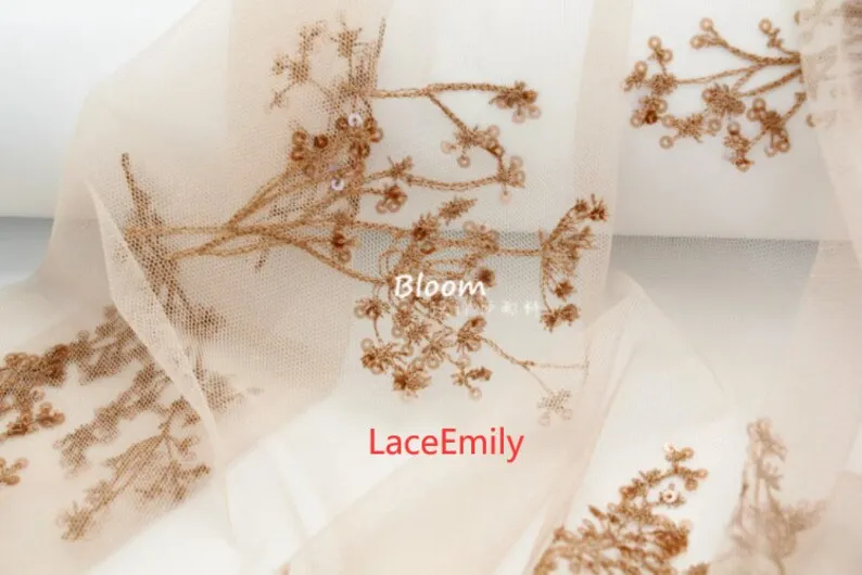6 Colors Blue Sequins Flower Embroidered Lace Fabric brown Flower tulle lace For Wedding Dress Veil Costume 1 Yard 51