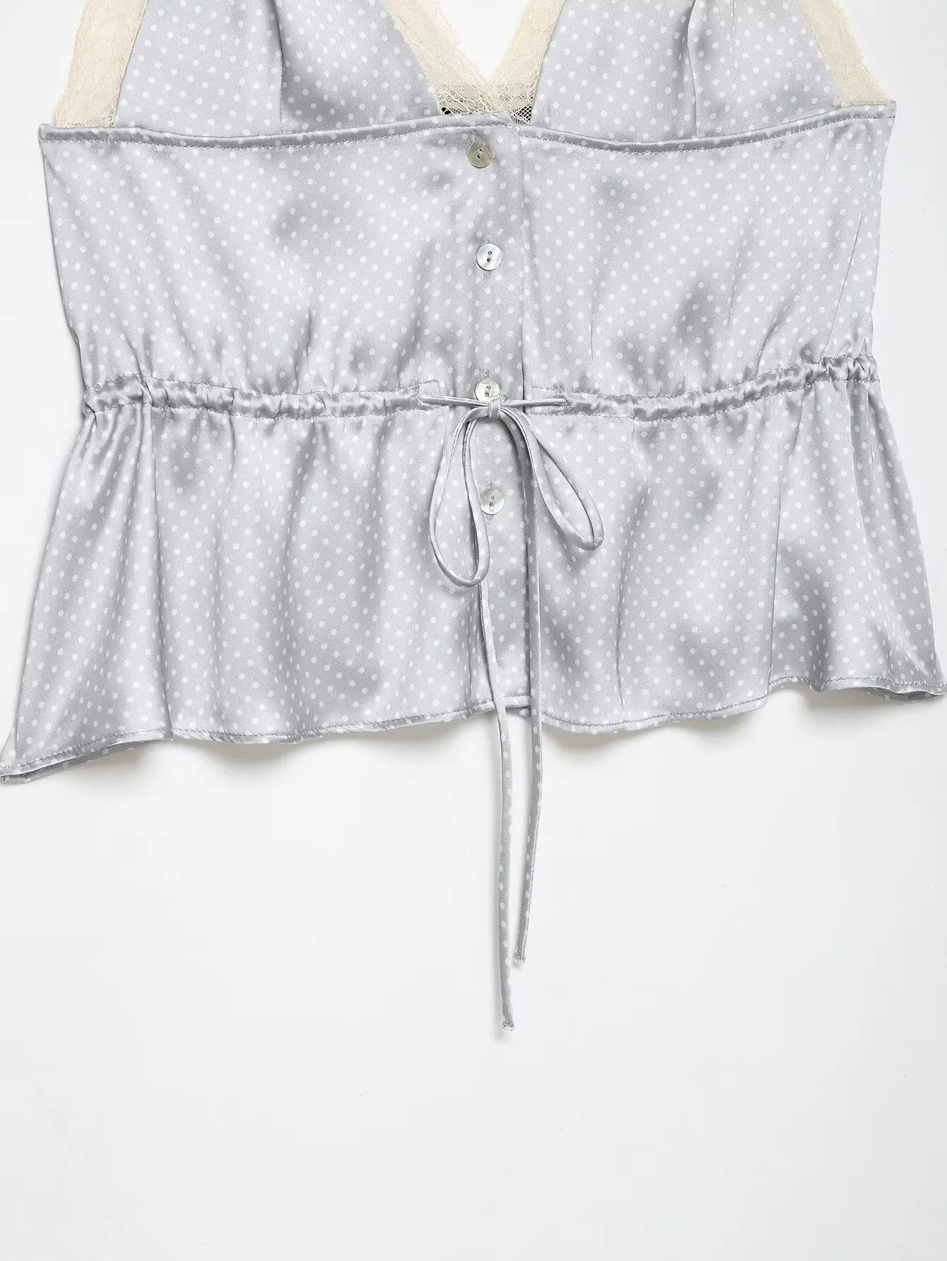 HH Polka Dot Satin Cami Top für Damen 2026 Sommer Spitzenbesatz Spaghettiträger Peplum Top Elegant Alltag Urlaub Strand Loungewear – Detail 7