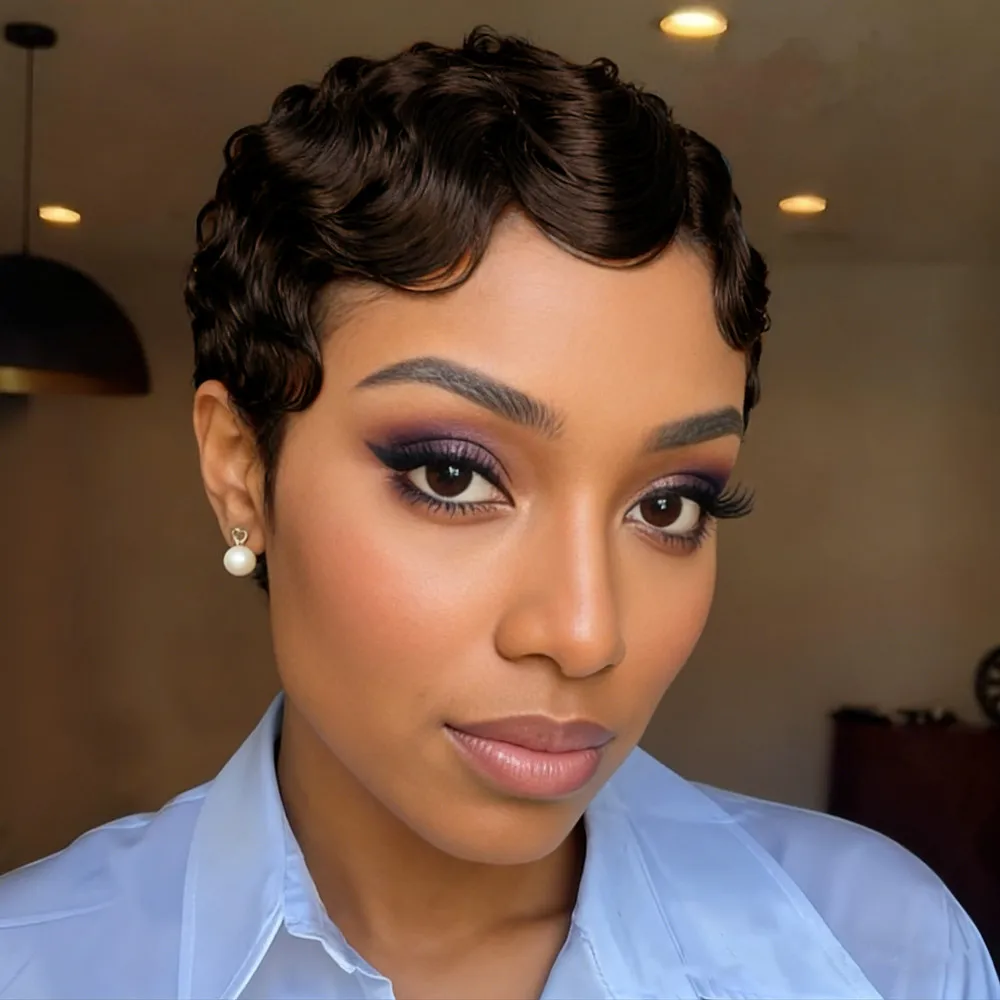 

Человеческие волосы с короткими волнами на пальцах, натуральный черный/4/99j, цвет, 4-дюймовый парик пикси, плотность 150%, парики машинного производства для женщин