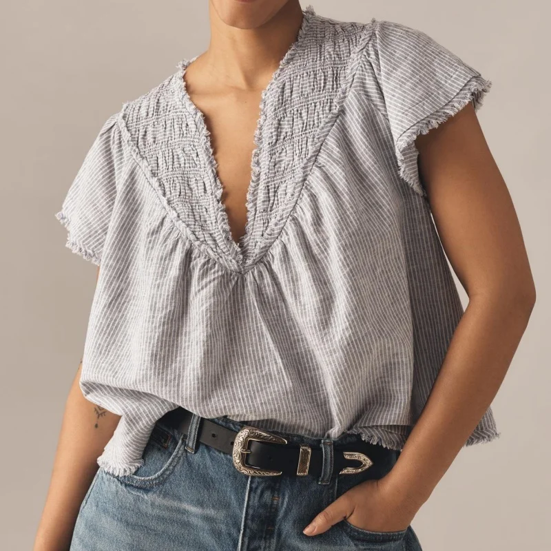 ผู้หญิง Y2k ปัก Swing Peplum Babydoll Crop Tank Top Ruffle ผ้าลินินหมวก Going Out ตาไก่ Cropped Vest Beachwear