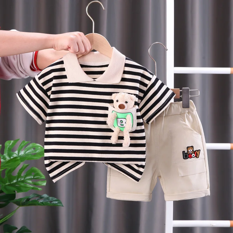 Fashion Summer Kids Baby Boys Striped Suits Short Sleeve T-Shirt with Doll+Shorts Casual Clothes Outfit Girls Clothing 2PCS/Set